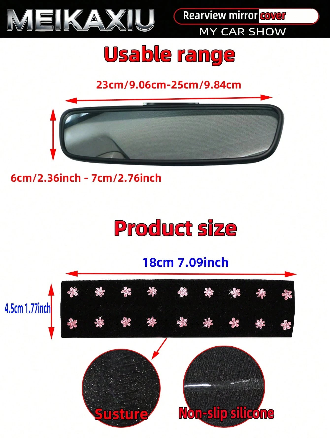 MEIKAXIU Sparkling Beautiful Pink Small Flower Blingbling Elastic Car Rearview Mirror Cover, Car Interior Rearview Mirror Sleeve Decorative Accessory For Women