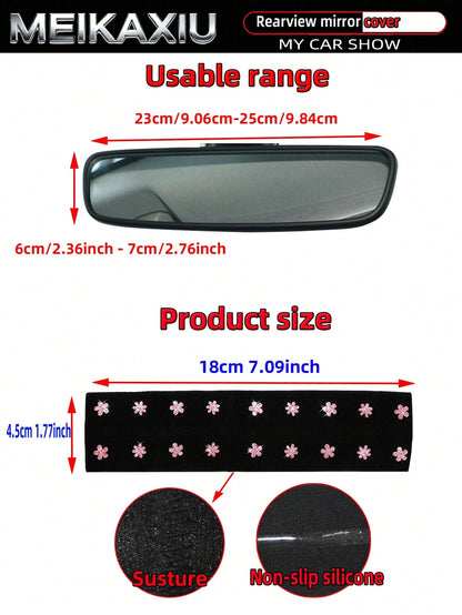 MEIKAXIU Sparkling Beautiful Pink Small Flower Blingbling Elastic Car Rearview Mirror Cover, Car Interior Rearview Mirror Sleeve Decorative Accessory For Women
