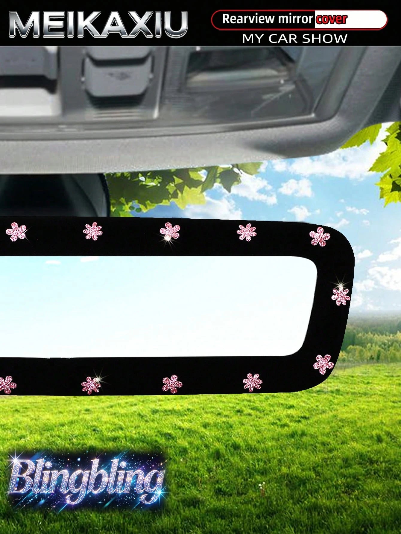 MEIKAXIU Sparkling Beautiful Pink Small Flower Blingbling Elastic Car Rearview Mirror Cover, Car Interior Rearview Mirror Sleeve Decorative Accessory For Women