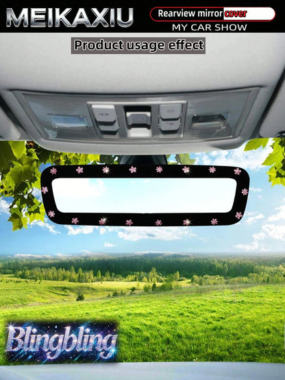 MEIKAXIU Sparkling Beautiful Pink Small Flower Blingbling Elastic Car Rearview Mirror Cover, Car Interior Rearview Mirror Sleeve Decorative Accessory For Women