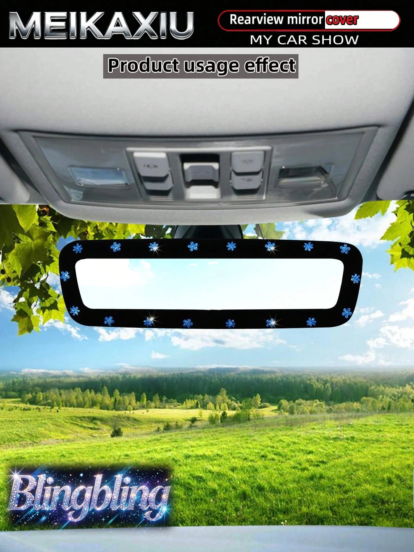 MEIKAXIU Sparkling Beautiful Pink Small Flower Blingbling Elastic Car Rearview Mirror Cover, Car Interior Rearview Mirror Sleeve Decorative Accessory For Women