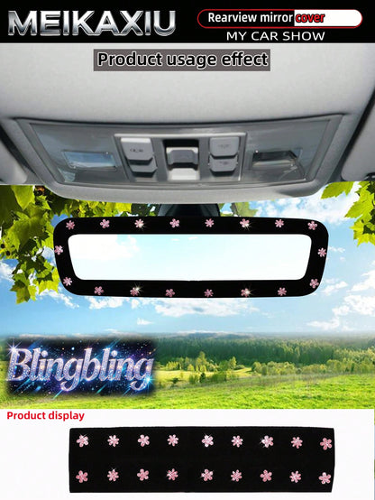 MEIKAXIU Sparkling Beautiful Pink Small Flower Blingbling Elastic Car Rearview Mirror Cover, Car Interior Rearview Mirror Sleeve Decorative Accessory For Women