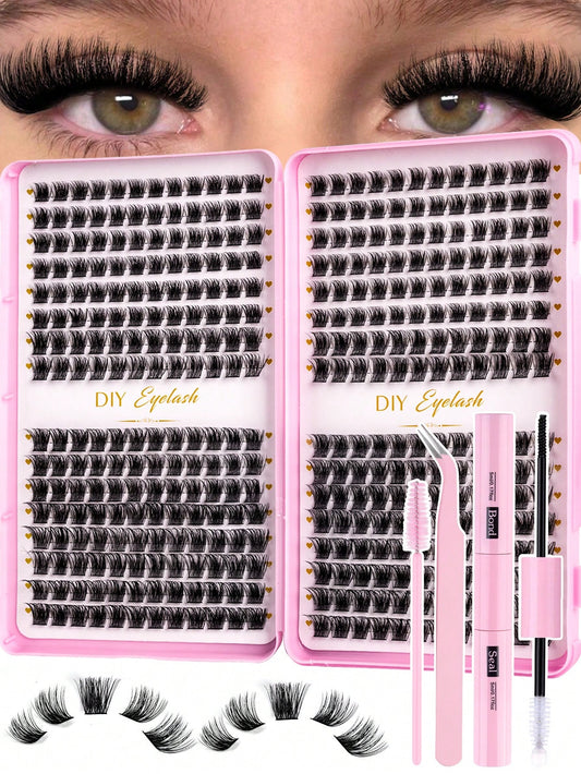 MEM 384pcs D Curl 3D Fluffy Cluster False Eyelashes Set, Soft Reusable Segmented False Eyelashes, Beginner DIY Set With Tutorial, Glue And Styling Liquid, Natural Big Eye Makeup, Suitable For Daily, T