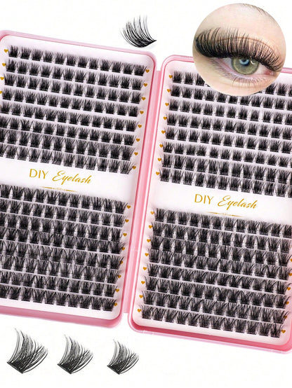 MEM 384pcs D Curl 3D Fluffy Cluster False Eyelashes Set, Soft Reusable Segmented False Eyelashes, Beginner DIY Set With Tutorial, Glue And Styling Liquid, Natural Big Eye Makeup, Suitable For Daily, T
