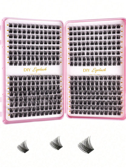MEM 384pcs D Curl 3D Fluffy Cluster False Eyelashes Set, Soft Reusable Segmented False Eyelashes, Beginner DIY Set With Tutorial, Glue And Styling Liquid, Natural Big Eye Makeup, Suitable For Daily, T