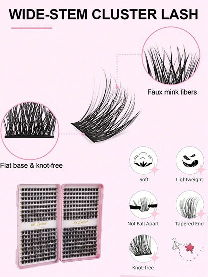 MEM 384pcs D Curl 3D Fluffy Cluster False Eyelashes Set, Soft Reusable Segmented False Eyelashes, Beginner DIY Set With Tutorial, Glue And Styling Liquid, Natural Big Eye Makeup, Suitable For Daily, T