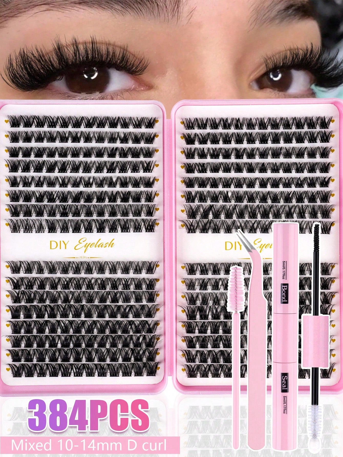 MEM 384pcs D Curl 3D Fluffy Cluster False Eyelashes Set, Soft Reusable Segmented False Eyelashes, Beginner DIY Set With Tutorial, Glue And Styling Liquid, Natural Big Eye Makeup, Suitable For Daily, T