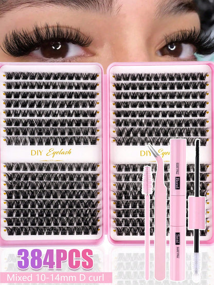 MEM 384pcs D Curl 3D Fluffy Cluster False Eyelashes Set, Soft Reusable Segmented False Eyelashes, Beginner DIY Set With Tutorial, Glue And Styling Liquid, Natural Big Eye Makeup, Suitable For Daily, T