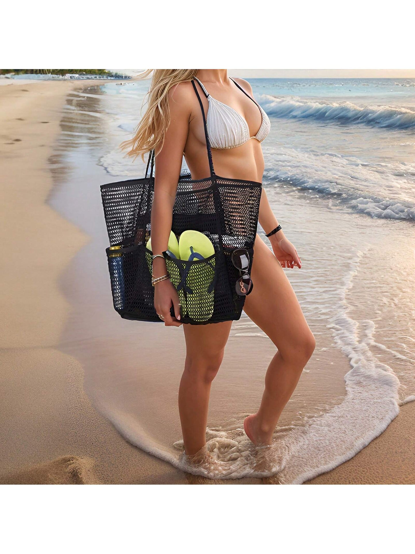 Mesh Beach Bag, Women's Shoulder Tote Bag, Foldable Mesh Swim Bag With Pocket, Bath Swimming Toiletries Storage Bag