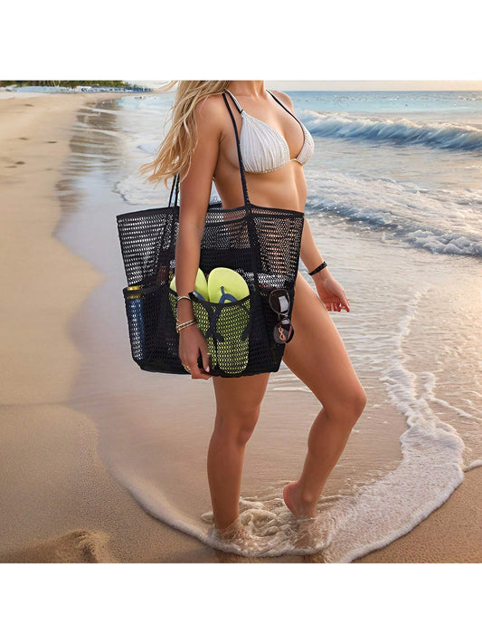 Mesh Beach Bag, Women's Shoulder Tote Bag, Foldable Mesh Swim Bag With Pocket, Bath Swimming Toiletries Storage Bag