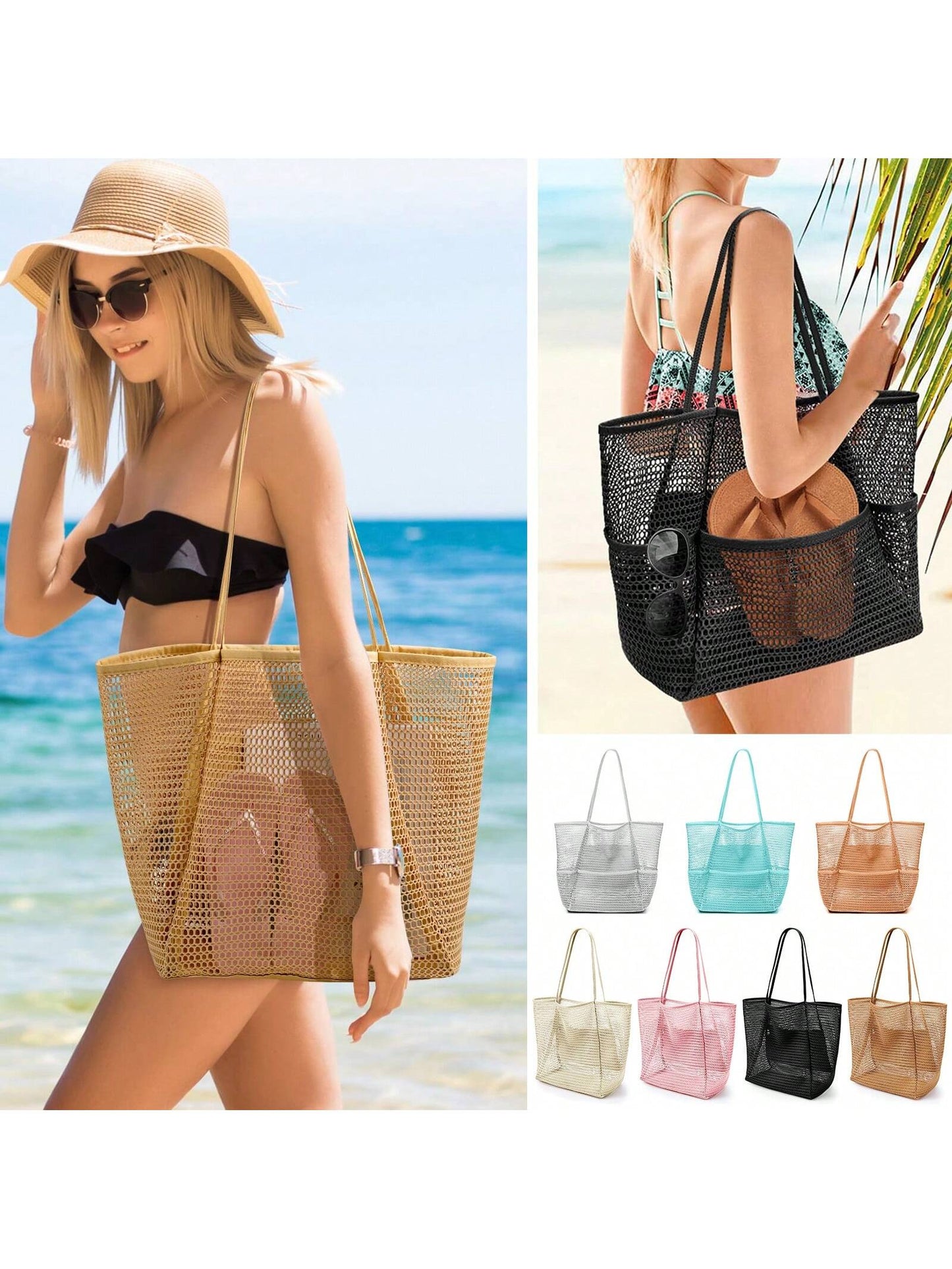 Mesh Beach Bag, Women's Shoulder Tote Bag, Foldable Mesh Swim Bag With Pocket, Bath Swimming Toiletries Storage Bag
