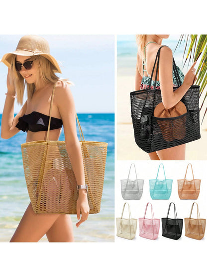 Mesh Beach Bag, Women's Shoulder Tote Bag, Foldable Mesh Swim Bag With Pocket, Bath Swimming Toiletries Storage Bag