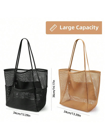 Mesh Beach Bag, Women's Shoulder Tote Bag, Foldable Mesh Swim Bag With Pocket, Bath Swimming Toiletries Storage Bag