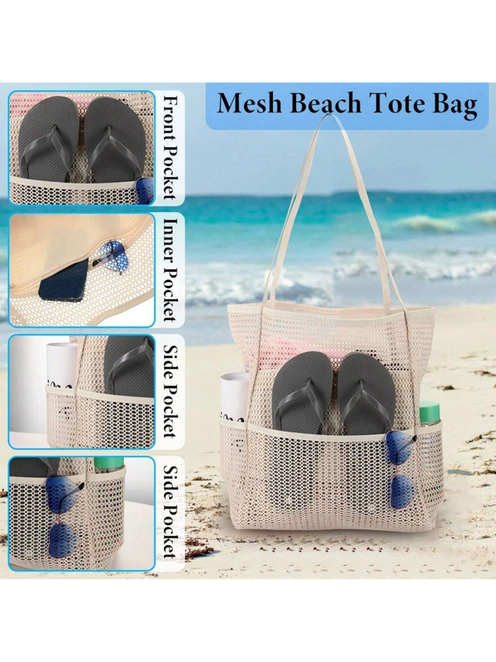 Mesh Beach Bag, Women's Shoulder Tote Bag, Foldable Mesh Swim Bag With Pocket, Bath Swimming Toiletries Storage Bag