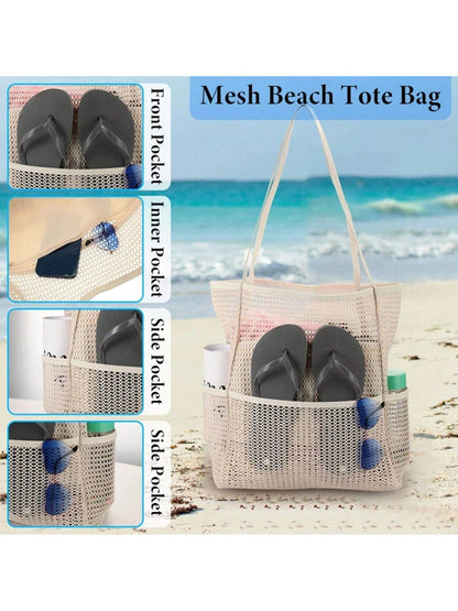 Mesh Beach Bag, Women's Shoulder Tote Bag, Foldable Mesh Swim Bag With Pocket, Bath Swimming Toiletries Storage Bag