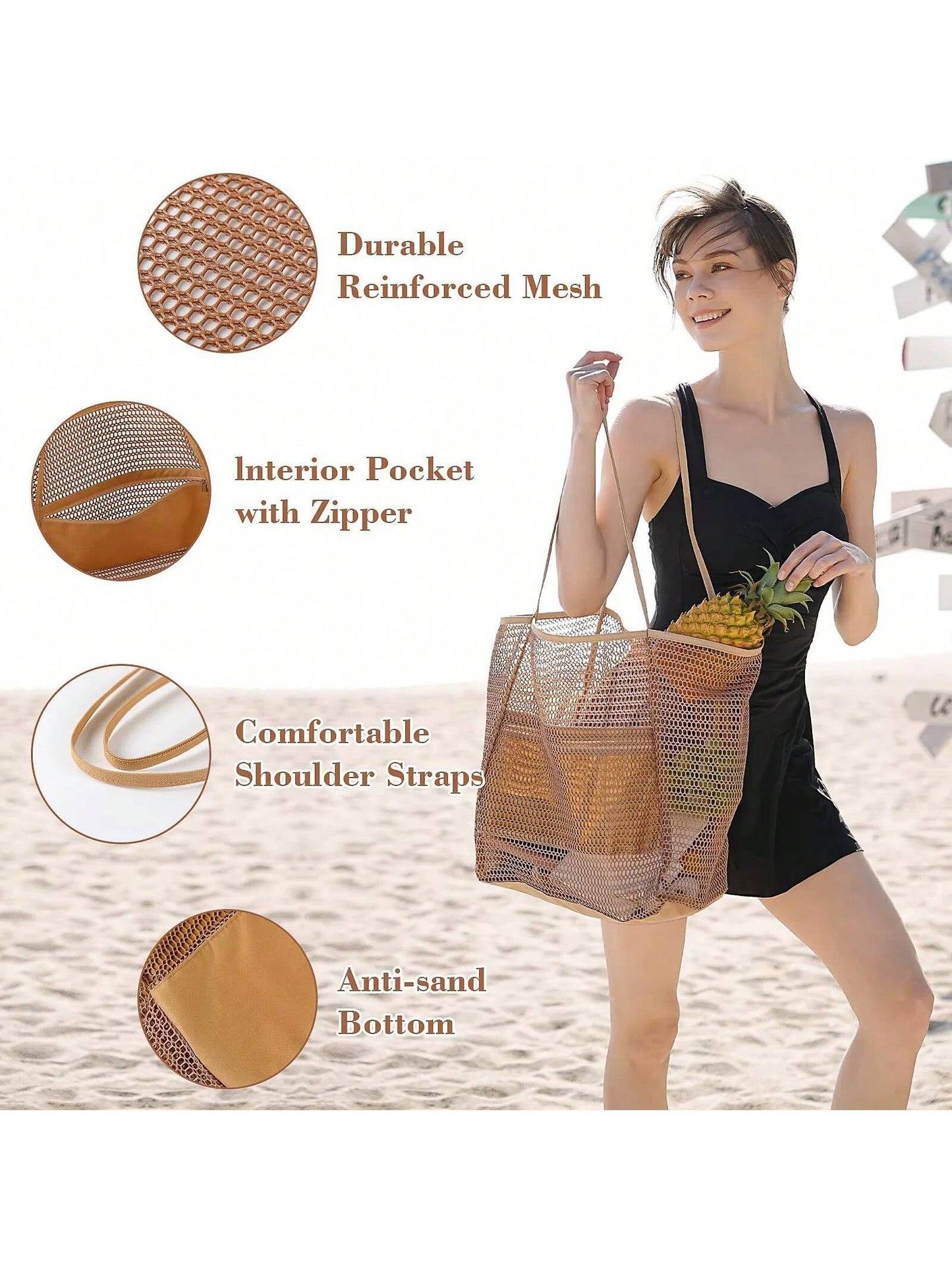 Mesh Beach Bag, Women's Shoulder Tote Bag, Foldable Mesh Swim Bag With Pocket, Bath Swimming Toiletries Storage Bag