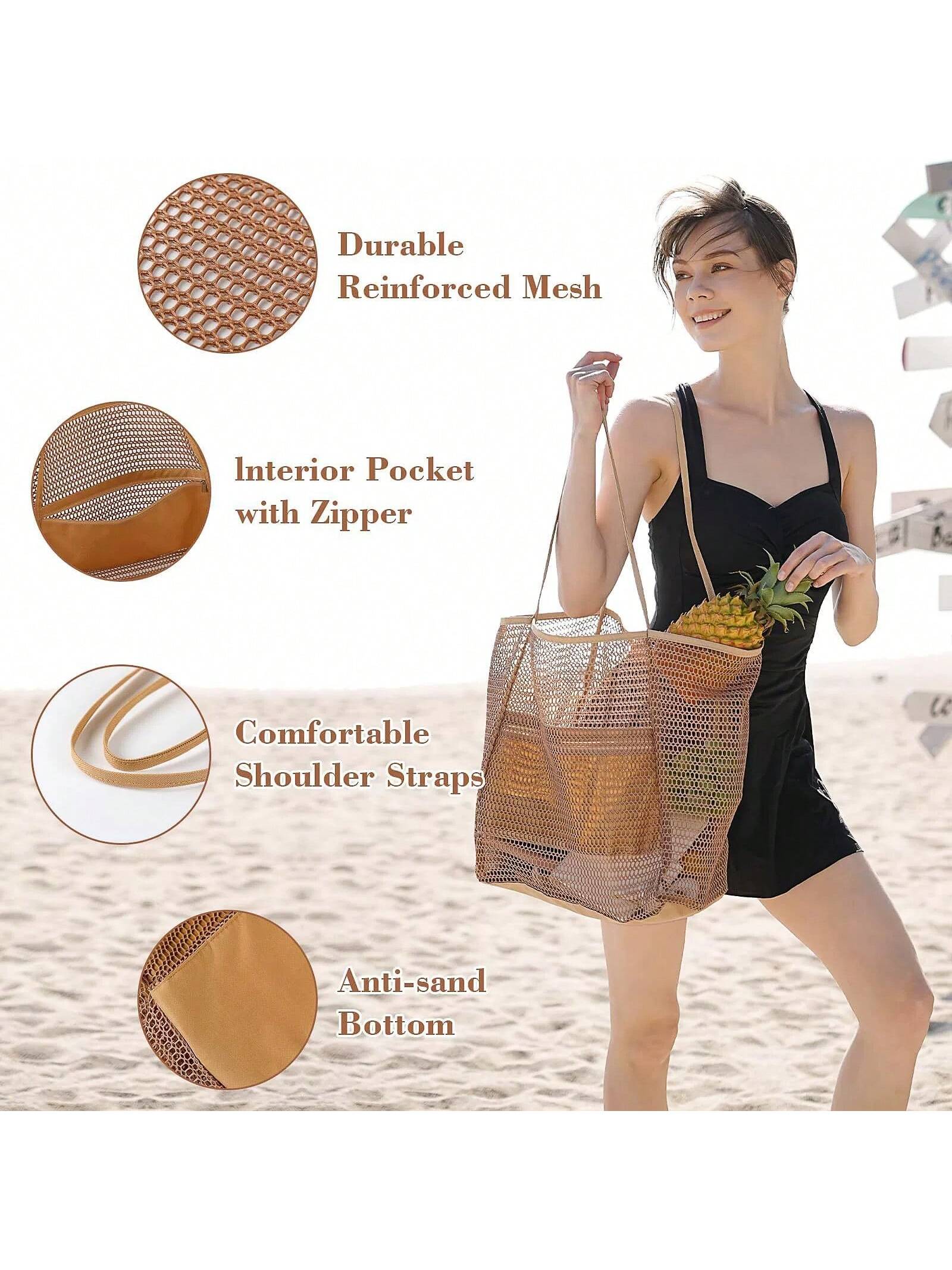Mesh Beach Bag, Women's Shoulder Tote Bag, Foldable Mesh Swim Bag With Pocket, Bath Swimming Toiletries Storage Bag