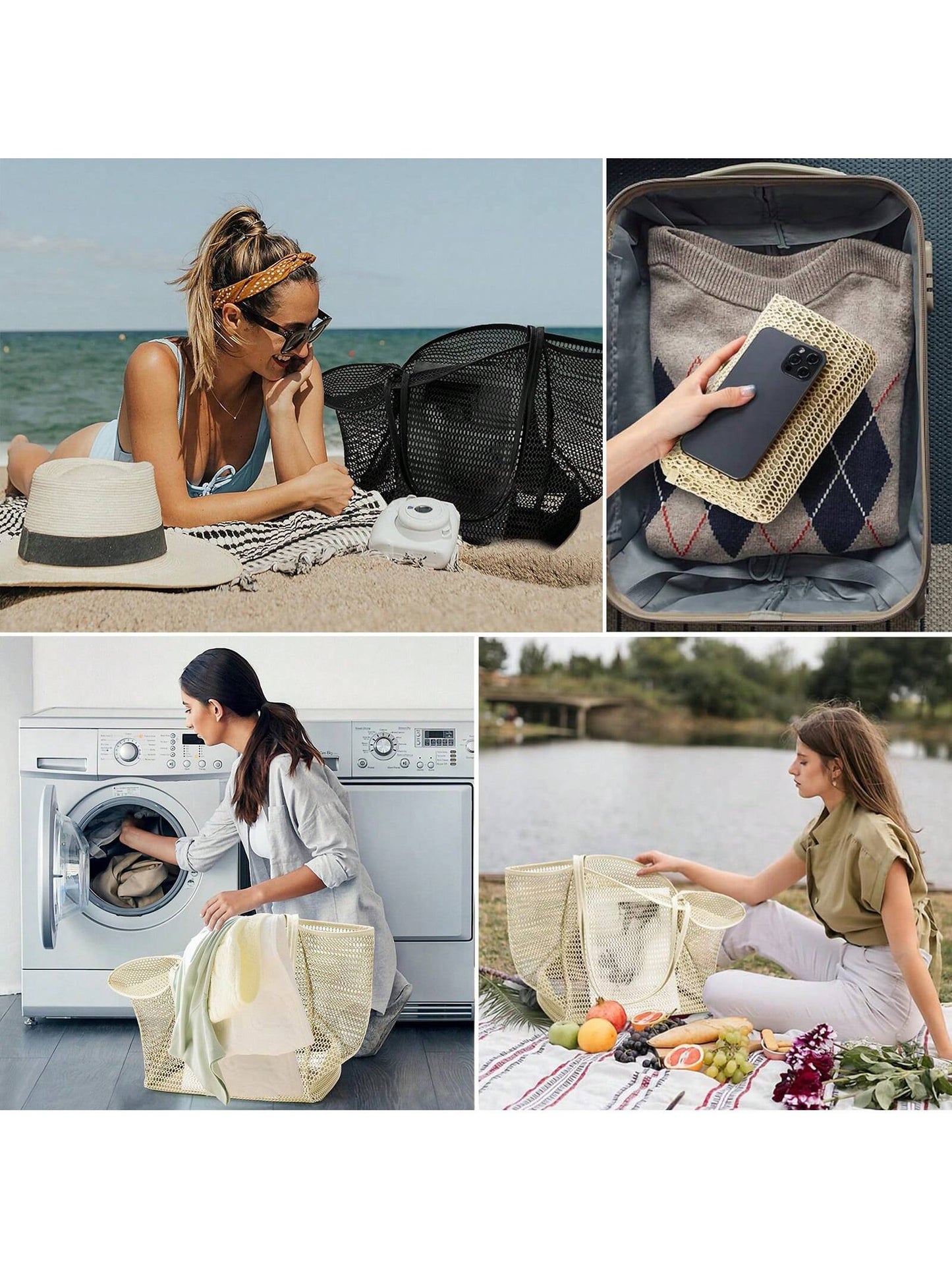 Mesh Beach Bag, Women's Shoulder Tote Bag, Foldable Mesh Swim Bag With Pocket, Bath Swimming Toiletries Storage Bag