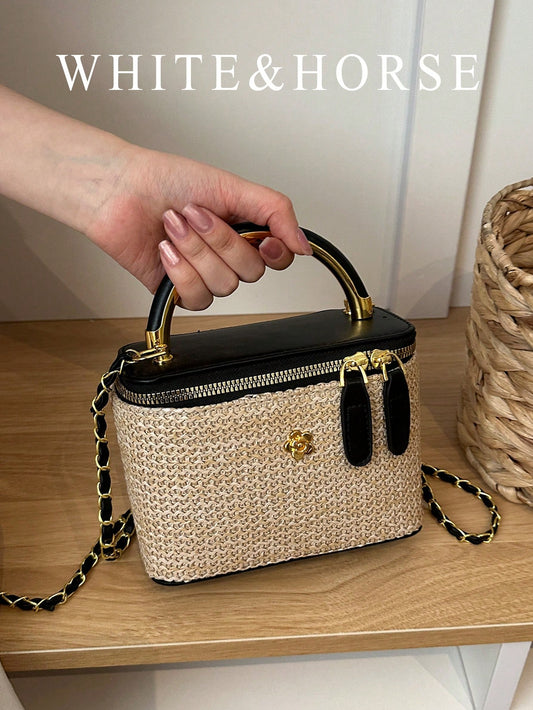 Mini Square Chain Vintage Woven Handbag Women's New Fashion Patchwork Box Bag Luxury Shoulder Crossbody Bag