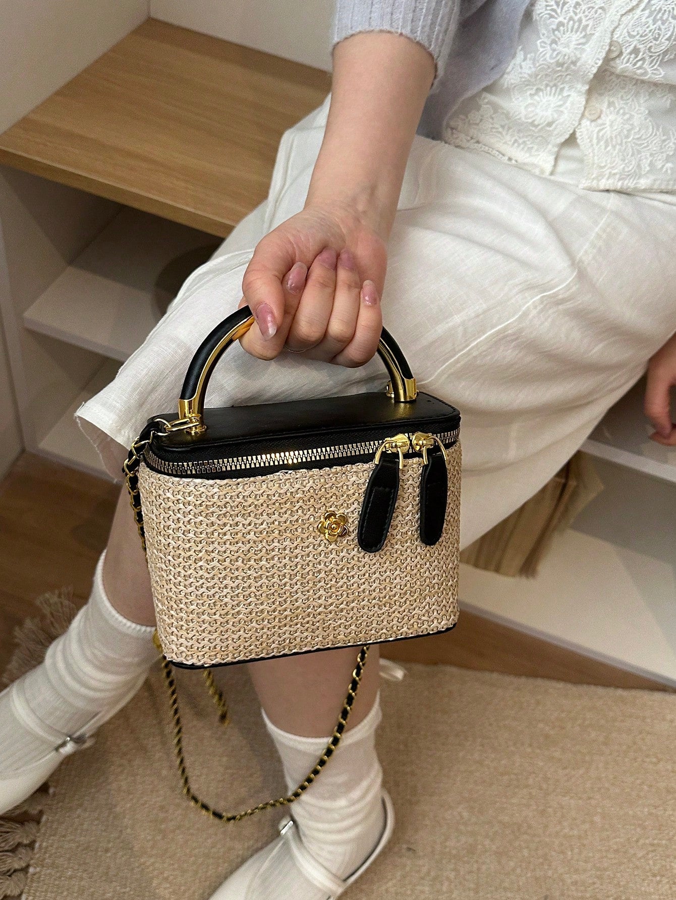 Mini Square Chain Vintage Woven Handbag Women's New Fashion Patchwork Box Bag Luxury Shoulder Crossbody Bag