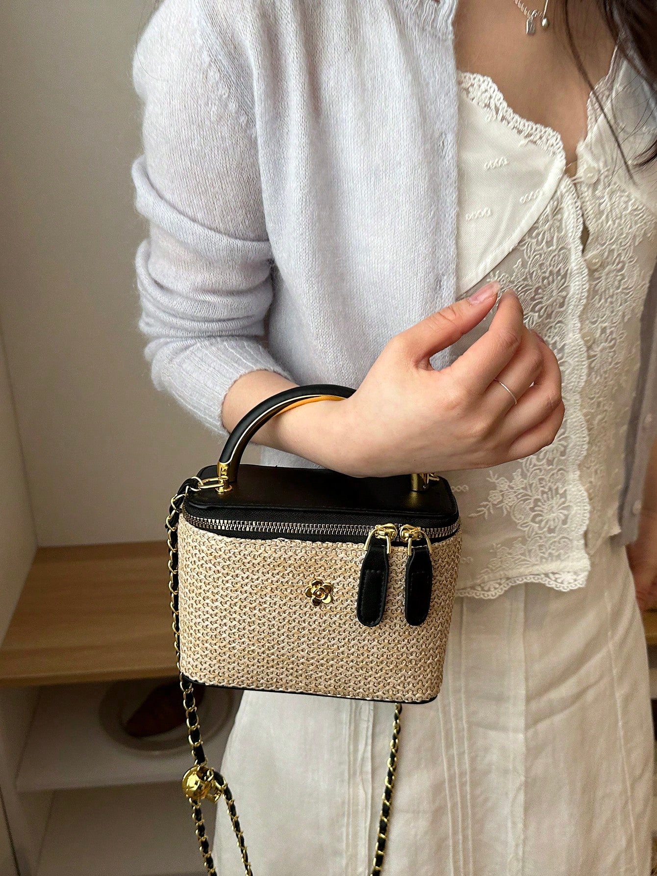 Mini Square Chain Vintage Woven Handbag Women's New Fashion Patchwork Box Bag Luxury Shoulder Crossbody Bag