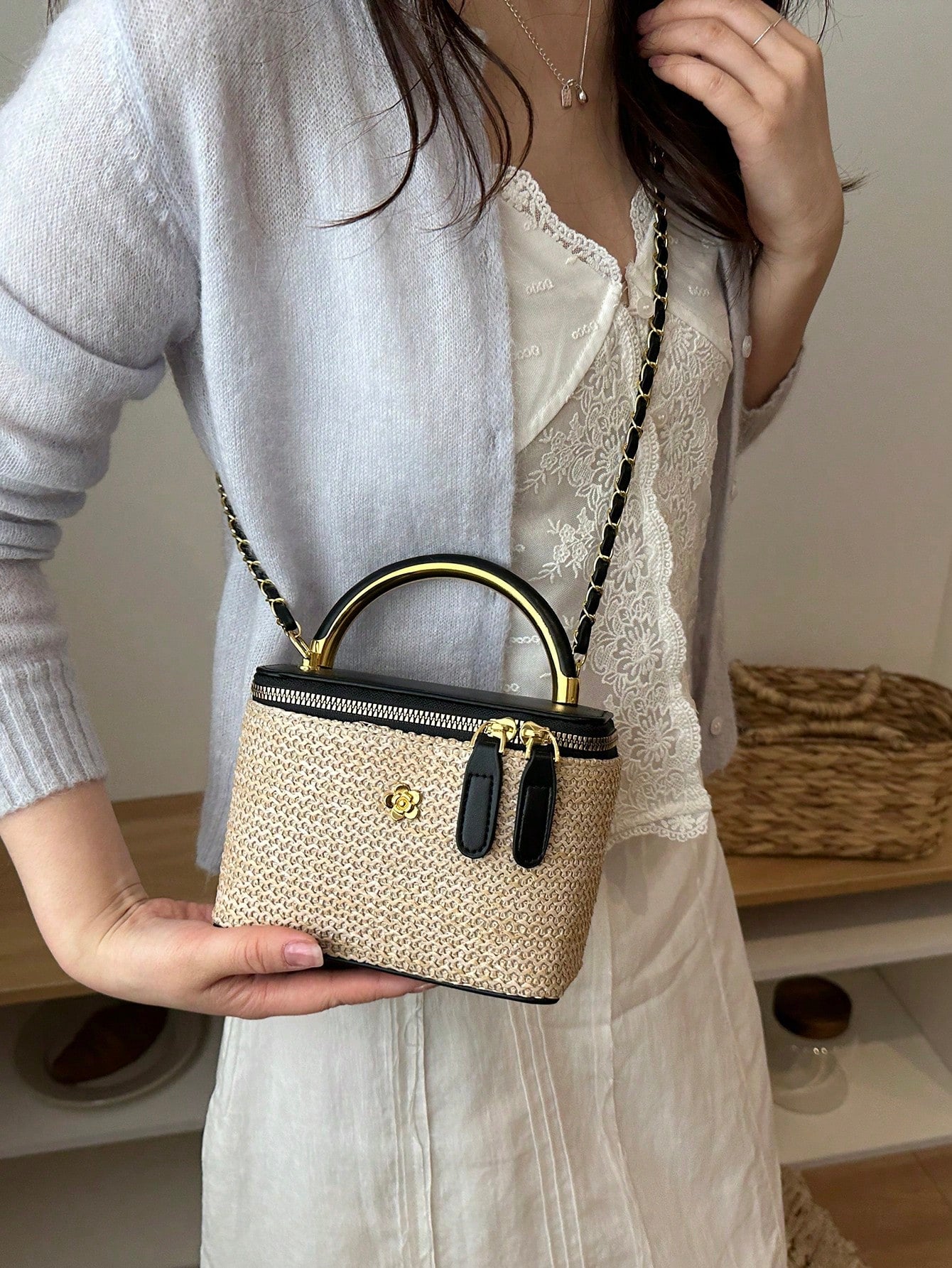 Mini Square Chain Vintage Woven Handbag Women's New Fashion Patchwork Box Bag Luxury Shoulder Crossbody Bag