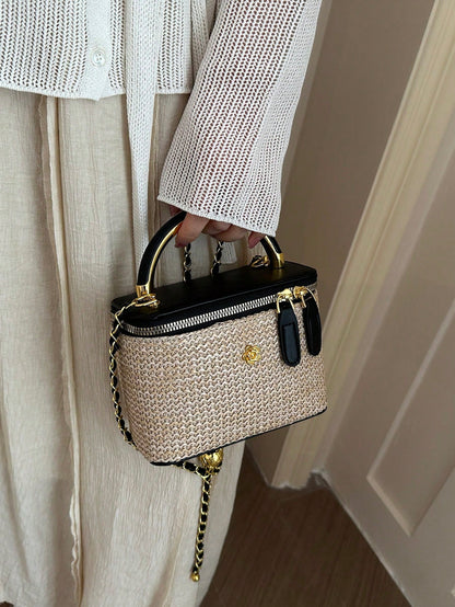Mini Square Chain Vintage Woven Handbag Women's New Fashion Patchwork Box Bag Luxury Shoulder Crossbody Bag