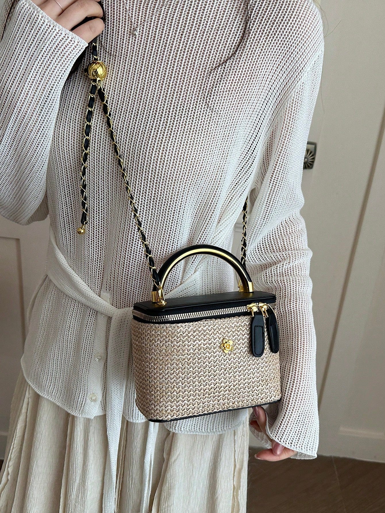 Mini Square Chain Vintage Woven Handbag Women's New Fashion Patchwork Box Bag Luxury Shoulder Crossbody Bag