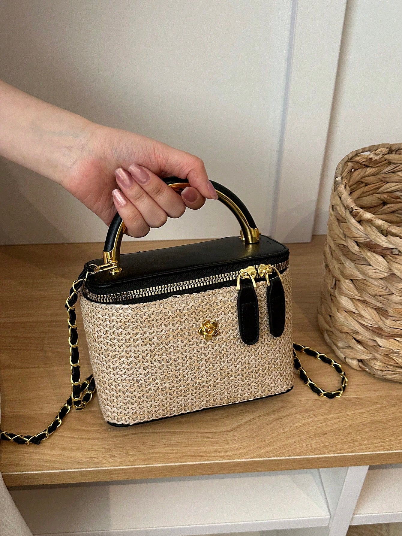 Mini Square Chain Vintage Woven Handbag Women's New Fashion Patchwork Box Bag Luxury Shoulder Crossbody Bag