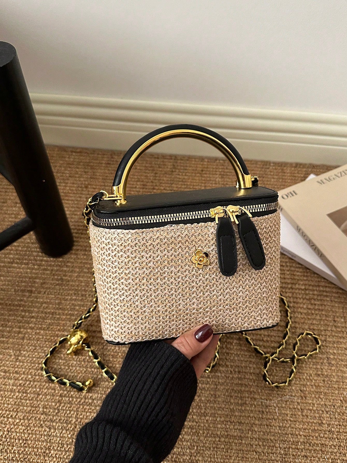 Mini Square Chain Vintage Woven Handbag Women's New Fashion Patchwork Box Bag Luxury Shoulder Crossbody Bag