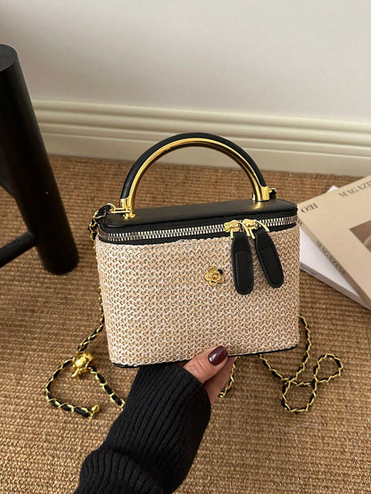 Mini Square Chain Vintage Woven Handbag Women's New Fashion Patchwork Box Bag Luxury Shoulder Crossbody Bag