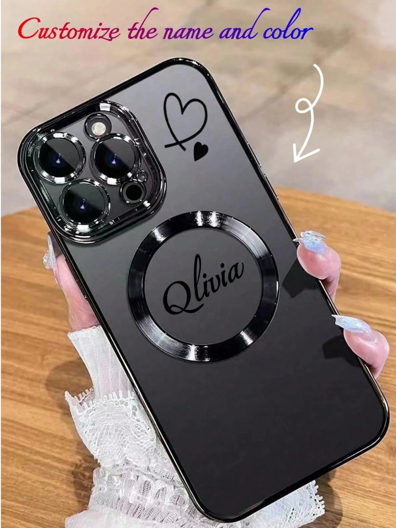 Minimalist Heart Element Customized Phone Case Magnetic Heart Pattern Customizable Name 1pc Wireless Charging Magnetic Phone Case Compatible With IPhone 17, 16 Pro Max, 15 Plus, 14 Pro, 13, 12, 11, XS