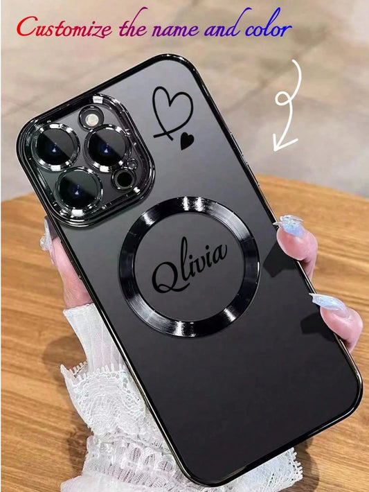 Minimalist Heart Element Customized Phone Case Magnetic Heart Pattern Customizable Name 1pc Wireless Charging Magnetic Phone Case Compatible With IPhone 17, 16 Pro Max, 15 Plus, 14 Pro, 13, 12, 11, XS