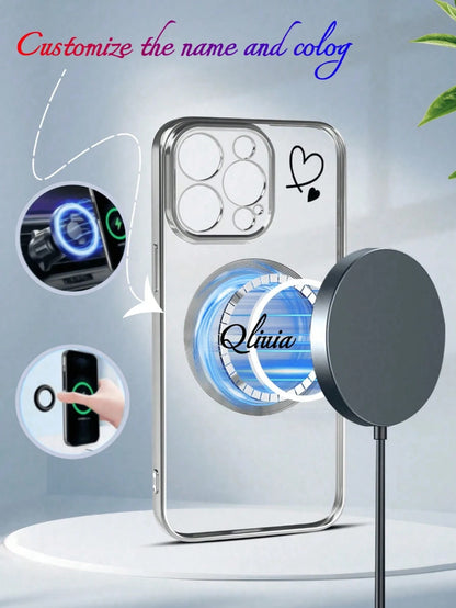 Minimalist Heart Element Customized Phone Case Magnetic Heart Pattern Customizable Name 1pc Wireless Charging Magnetic Phone Case Compatible With IPhone 17, 16 Pro Max, 15 Plus, 14 Pro, 13, 12, 11, XS