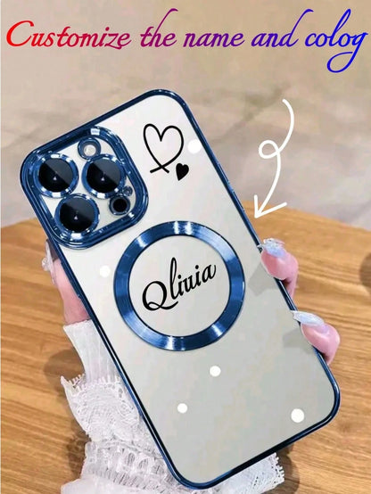 Minimalist Heart Element Customized Phone Case Magnetic Heart Pattern Customizable Name 1pc Wireless Charging Magnetic Phone Case Compatible With IPhone 17, 16 Pro Max, 15 Plus, 14 Pro, 13, 12, 11, XS