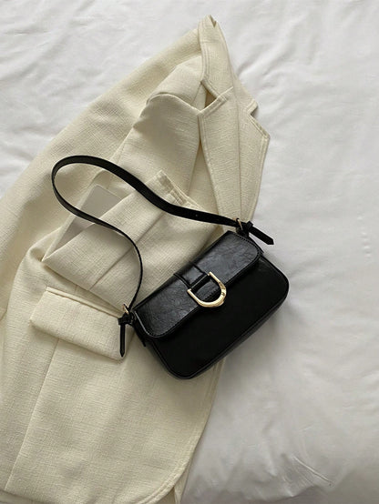 Minimalist Metal Decor Flap Square Bag, Street & Japanese Bag For Women