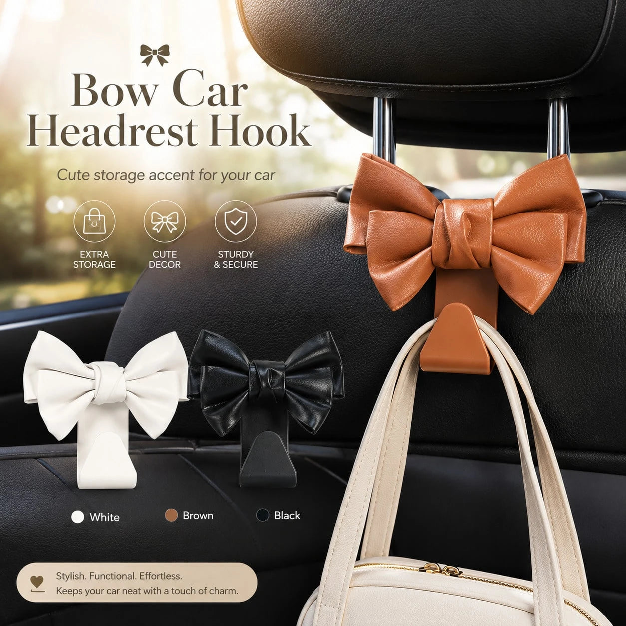 Minimalist PU Leather Bowknot Car Headrest Hook, Weight-Bearing Storage Hanger, Stylish Universal Car Seat Back Interior Accessory