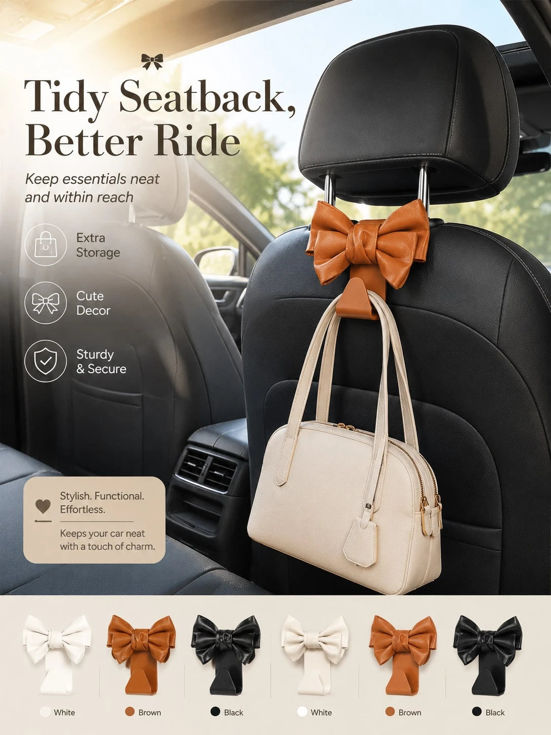 Minimalist PU Leather Bowknot Car Headrest Hook, Weight-Bearing Storage Hanger, Stylish Universal Car Seat Back Interior Accessory