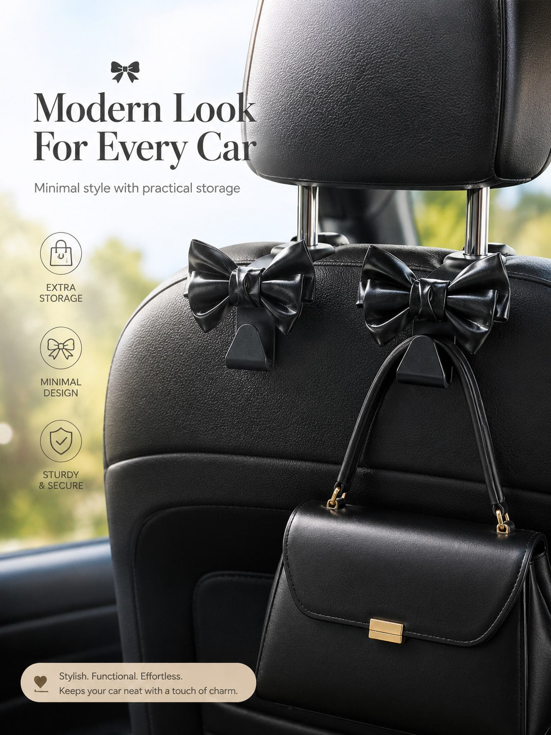 Minimalist PU Leather Bowknot Car Headrest Hook, Weight-Bearing Storage Hanger, Stylish Universal Car Seat Back Interior Accessory