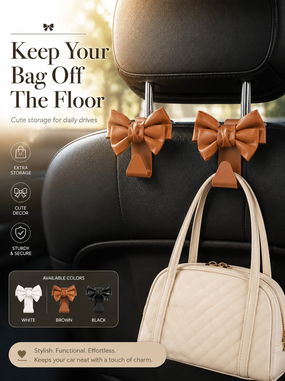 Minimalist PU Leather Bowknot Car Headrest Hook, Weight-Bearing Storage Hanger, Stylish Universal Car Seat Back Interior Accessory