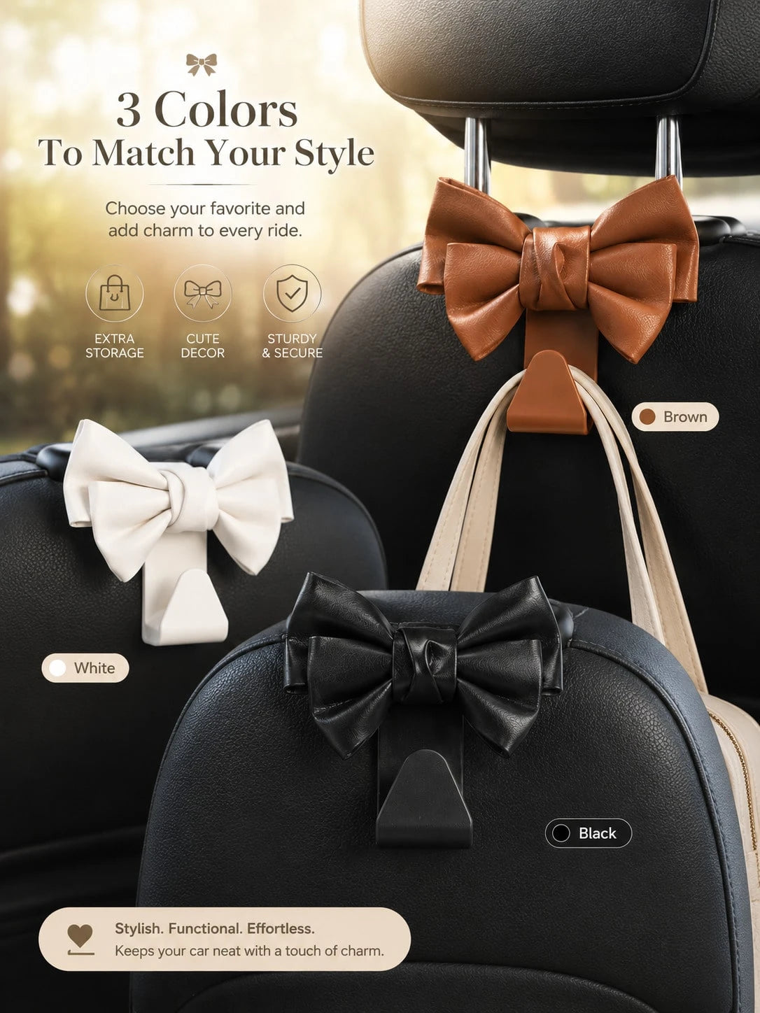 Minimalist PU Leather Bowknot Car Headrest Hook, Weight-Bearing Storage Hanger, Stylish Universal Car Seat Back Interior Accessory