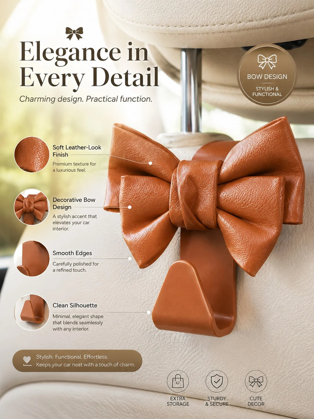 Minimalist PU Leather Bowknot Car Headrest Hook, Weight-Bearing Storage Hanger, Stylish Universal Car Seat Back Interior Accessory