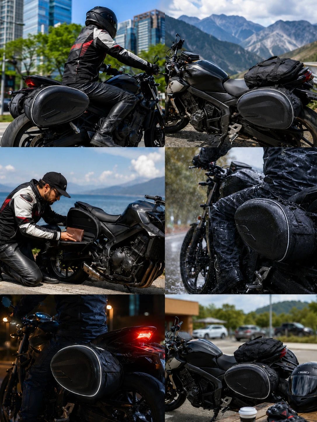 Motorcycle Waterproof Expandable 58L Hard Shell Carbon Fiber Side Bag/Pannier, Universal Side Bag/Tail Bag/Helmet Bag, With Reflective Strips And Quick Release Design, Suitable For Cruiser, Touring, S