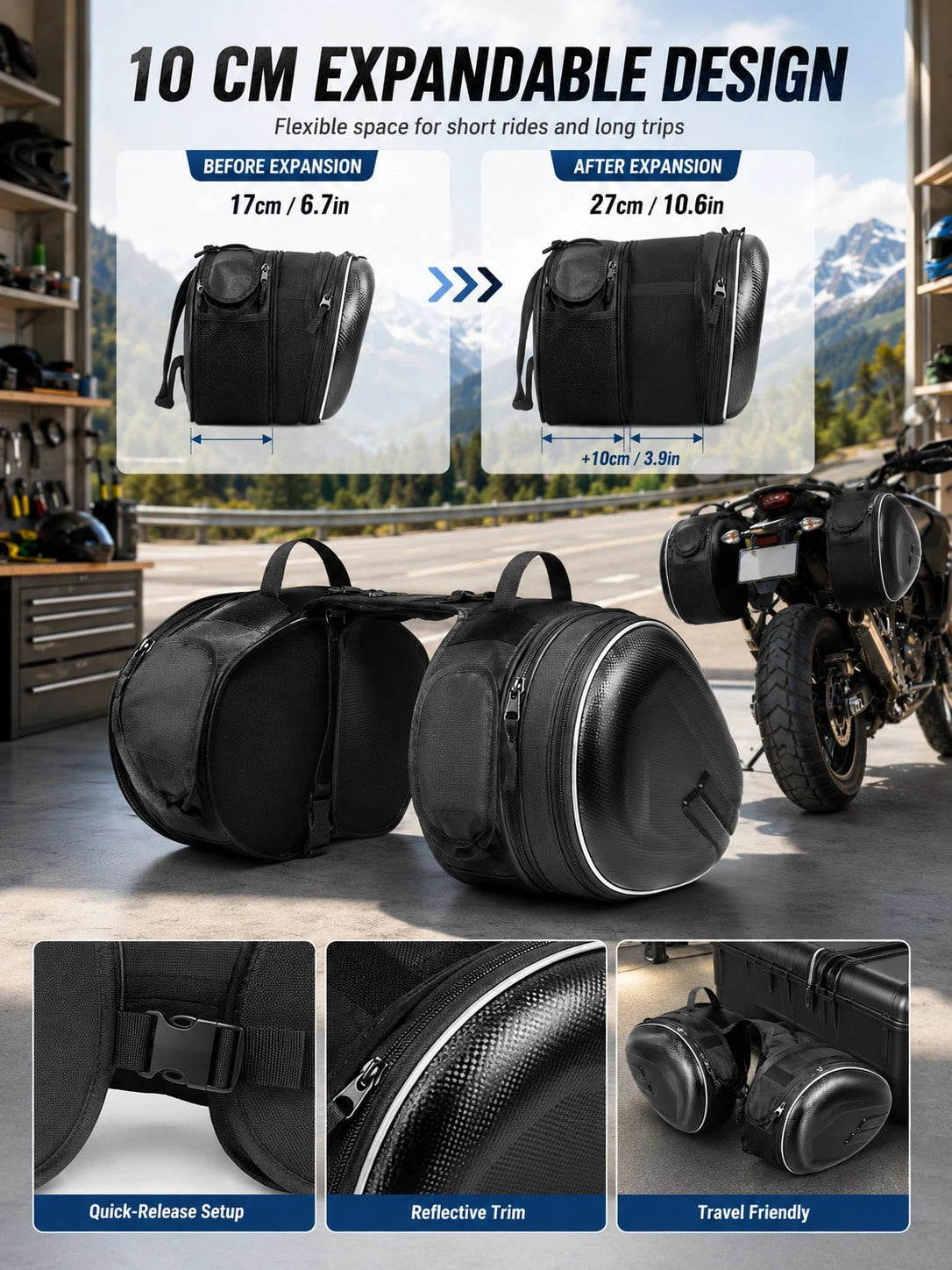Motorcycle Waterproof Expandable 58L Hard Shell Carbon Fiber Side Bag/Pannier, Universal Side Bag/Tail Bag/Helmet Bag, With Reflective Strips And Quick Release Design, Suitable For Cruiser, Touring, S