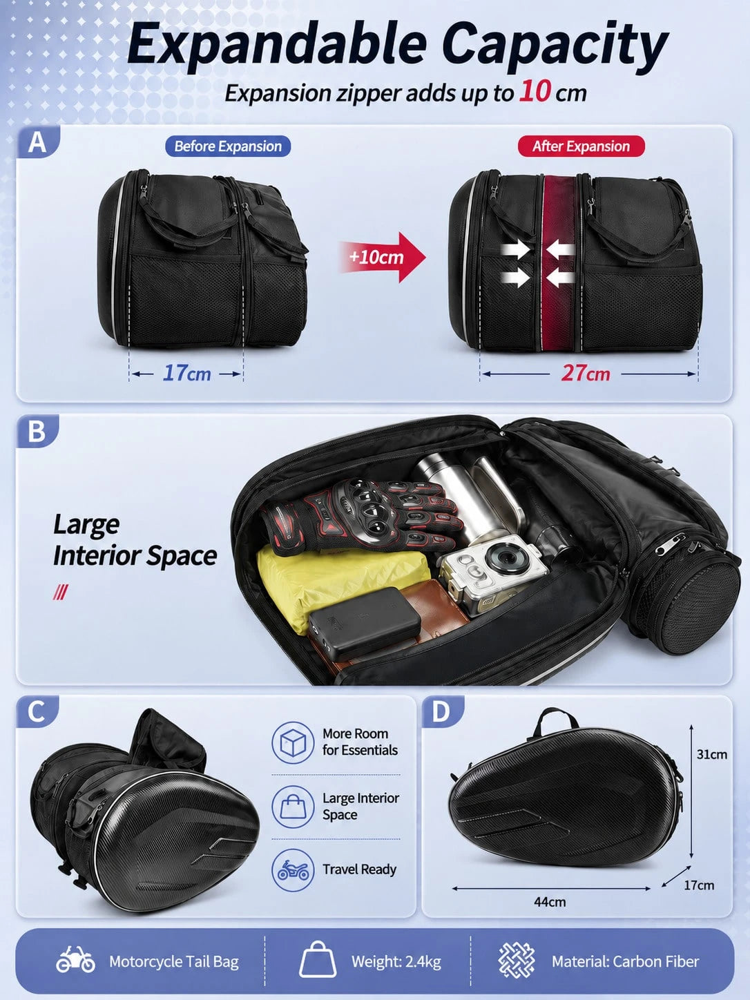 Motorcycle Waterproof Expandable 58L Hard Shell Carbon Fiber Side Bag/Pannier, Universal Side Bag/Tail Bag/Helmet Bag, With Reflective Strips And Quick Release Design, Suitable For Cruiser, Touring, S