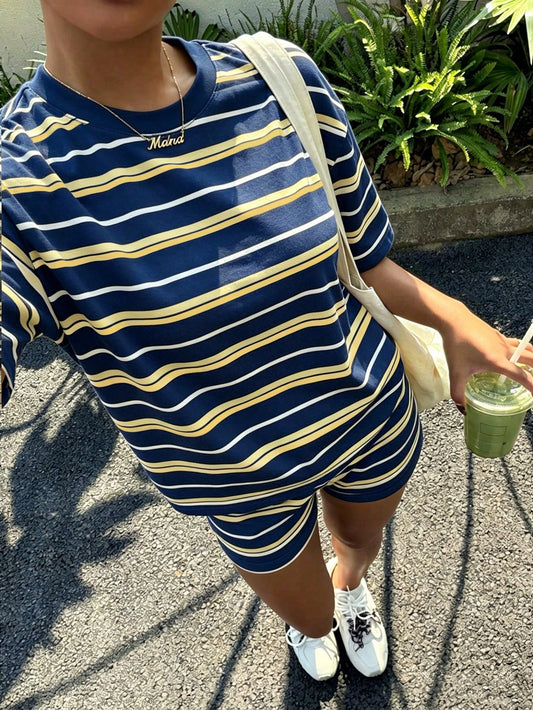 Muchica Women's Summer Letter & Lemon Print Round Neck Short Sleeve T-Shirt And Striped Shorts Casual 2-Piece Set