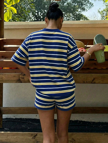 Muchica Women's Summer Letter & Lemon Print Round Neck Short Sleeve T-Shirt And Striped Shorts Casual 2-Piece Set