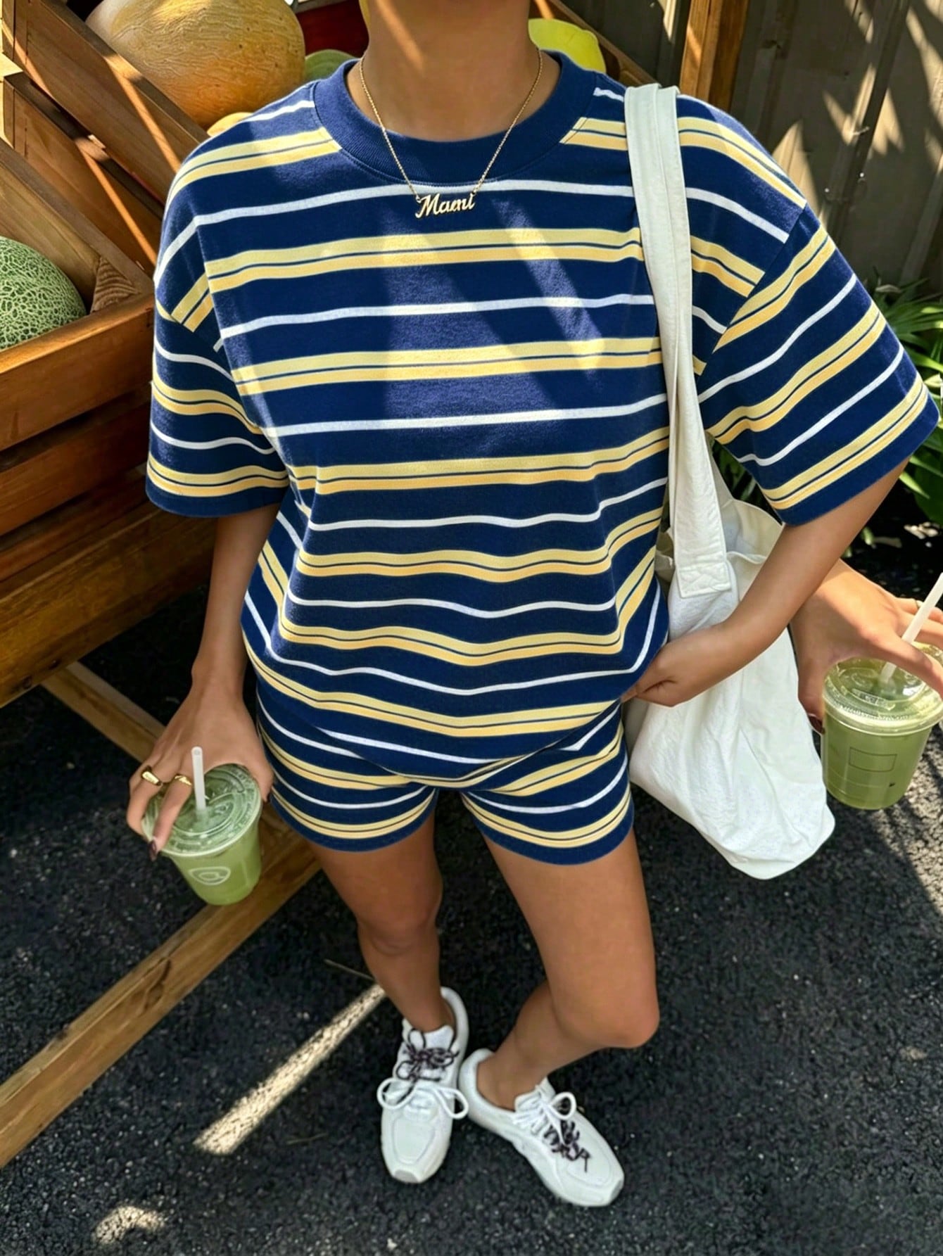 Muchica Women's Summer Letter & Lemon Print Round Neck Short Sleeve T-Shirt And Striped Shorts Casual 2-Piece Set