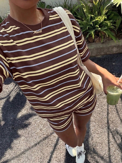 Muchica Women's Summer Letter & Lemon Print Round Neck Short Sleeve T-Shirt And Striped Shorts Casual 2-Piece Set