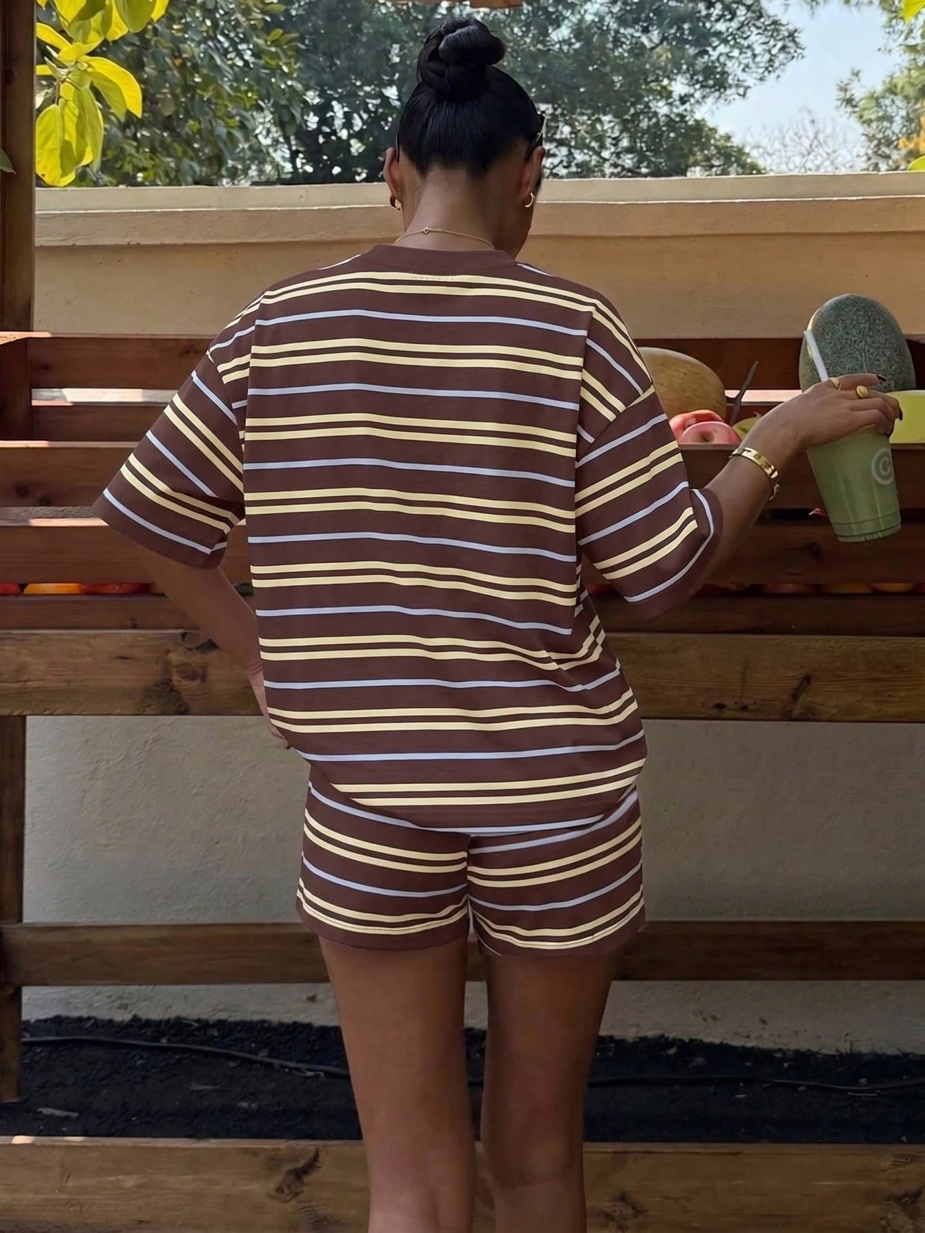 Muchica Women's Summer Letter & Lemon Print Round Neck Short Sleeve T-Shirt And Striped Shorts Casual 2-Piece Set